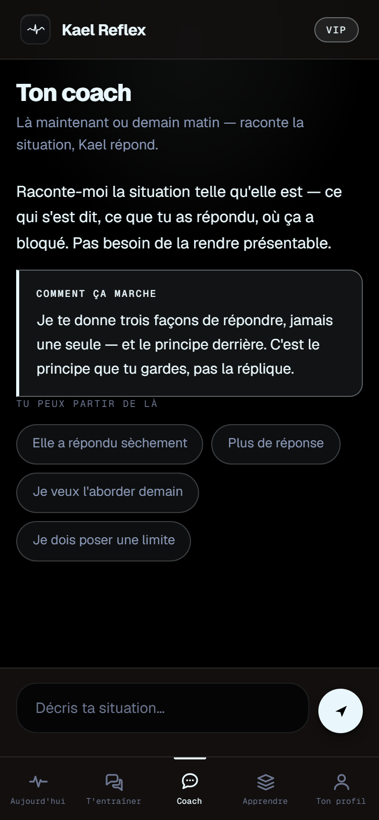 L'écran Coach de Kael Reflex