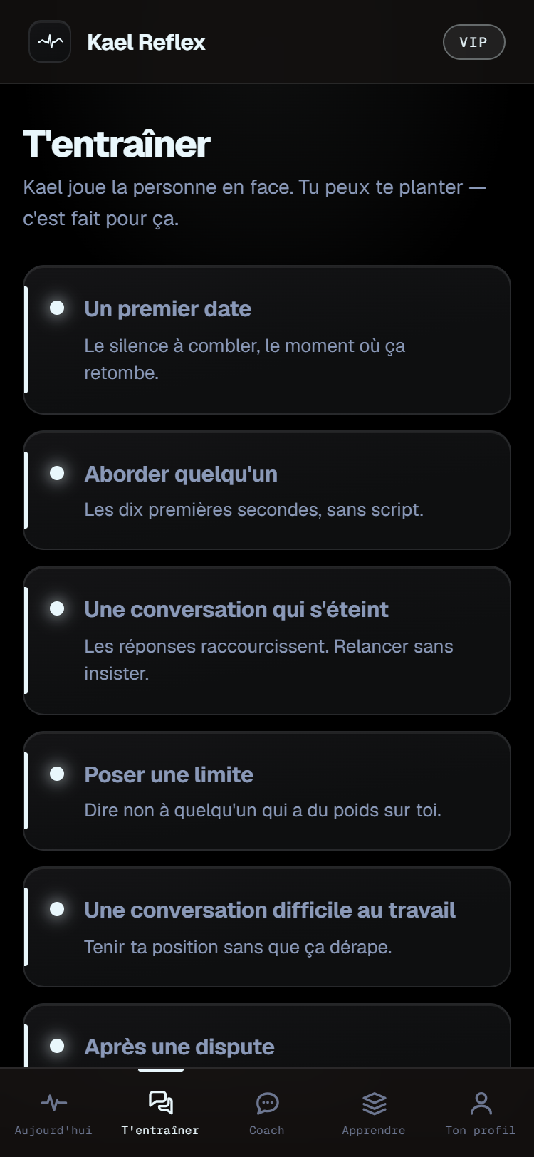 L'écran Entraînement de Kael Reflex