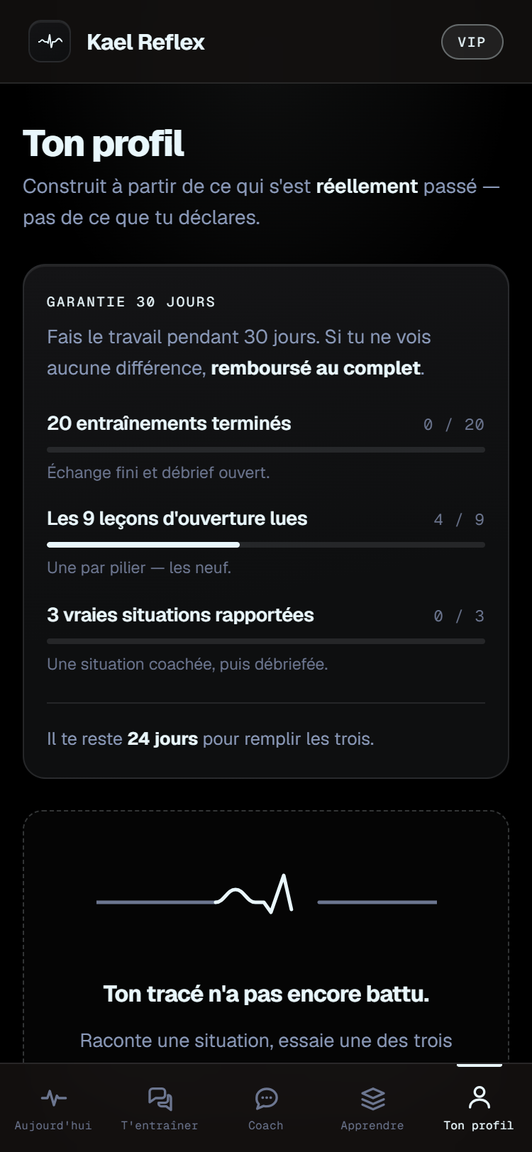 L'écran Profil de Kael Reflex